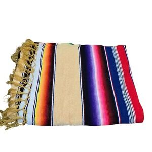 Mexican Serape Blanket Multi Color Striped Fringed Throw Southwest Decor 44x33